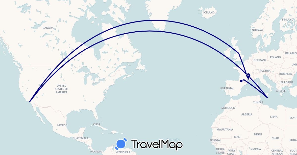 TravelMap itinerary: driving in France, United Kingdom, Malta, United States (Europe, North America)
